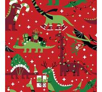 Polycotton Fabric Deco Dinos Dinosaur Lights Party Christmas Festive (Sold Per Metre) (Red)