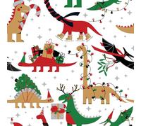 Polycotton Fabric Deco Dinos Dinosaur Lights Party Christmas Festive (Sold Per Metre) (White)