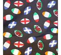 Polycotton Fabric Rugby Balls Six Nations Sold Per Metre (Black)