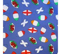 Polycotton Fabric Rugby Balls Six Nations Sold Per Metre (Blue)
