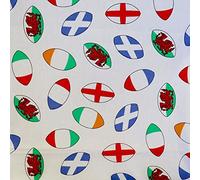 Polycotton Fabric Rugby Balls Six Nations Sold Per Metre (White)