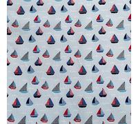 Polycotton Fabric Sail Boats Afloat * White Sky & Navy Blue Nautical Ocean Sea (OSB - Sky) (ONE - METRE)