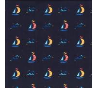 Polycotton Fabric Sail Boats Open Ocean Ships Fish Sailing Nautical (Sold Per Metre) (Navy)