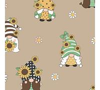 Polycotton Fabric Spring Gonks Garden Gnomes Sunflower Daisy Floral Flower (Price Per Metre) (Camel)