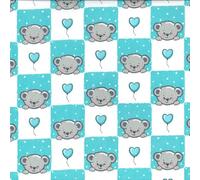Polycotton Fabric Teddy Bear Checkered Hearts Balloon Valentine Love (Sold Per Metre) (Blue)