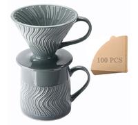 Polydremio Pour Over Coffee Maker with 100 Sheets of V60 Paper Filter, 450 ml Ceramic Coffee Mug & Coffee Dripper, 1 Cup-Single brew coffee set, Grey