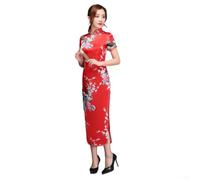 Polyester Blend Qipao Dress Traditional Chinese Style Long(Red M)