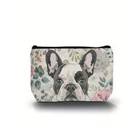 Polyester Cosmetic Makeup Bag with French Bulldog Design, Casual Floral Pattern Makeup Pouch, Versatile Toiletry Bag with Zipper