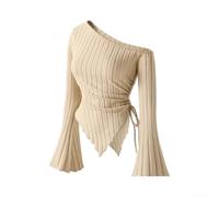 Polyester Off-Shoulder Blouse Bell Sleeves Pure Color(Apricot XXL)