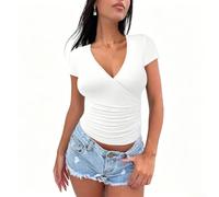 Polyester Short Sleeve for top for Women Pleated Hem for slim | Ideal for vacation, holiday, club outings, spring summer autumn seasons, for versatile styling