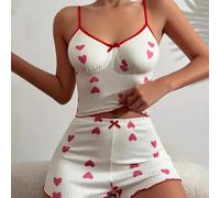 Polyester Womens Printed Pajama Set Designed with Suspenders Motif Sleeveless Top and Coordinating Shorts (XL White3)