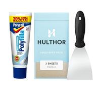 Polyfilla Ready Mixed Filler Bundle - Multi Purpose White Wall & Wood Filler Kit for Holes, Cracks & Repairs - Quick Drying Interior Filler with 3” Scraper & Hulthor Sandpaper - Smooth Finish
