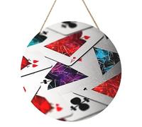 Polygonal Playing Cards 12 Inch Round Wooden Sign Wall Decor, Hanging MDF Wood Door Sign with Rope, Farmhouse Home Decor Gift