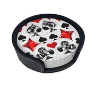 Polygonal Playing Cards Printed Leather Coasters Set of 6,Heat Resistant Drink Coasters Round Cup Mat Pad with Holder Stand Tea Cup Coasters Home Decor Housewarming Gift