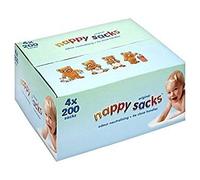 Polylina Nappy Sacks 4 Pack of 200, 800 Total, Unscented, White, Plastic, Disposable, Rectangular, Baby Waste Bags