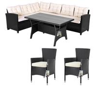 Polyrattan Corner Sofa Dining Set Black/Cream incl 2 Chairs