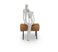 Polyresin, Mango Wood And Iron Couple On Log Sculpture - Handcrafted Romantic Figurine - Natural And White Finish - 16.5X31.5X13Cm