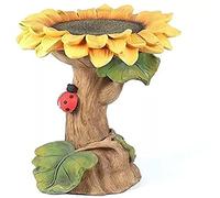 Polyresin Sunflower Bird Bath Brown Pedestal with Ladybutt for Outdoors,Outside Standing Handmade Wild Bird Feeder Home Garden Birdbath with Miniature House in A Tree Stump Lawn Yard Decorations