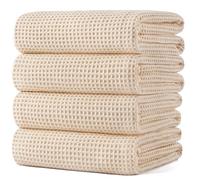 POLYTE 430 gsm Microfibre Oversize Quick Dry Lint Free Bath Towel, 152 x 76 cm, 4 Pack (Beige, Waffle Weave)