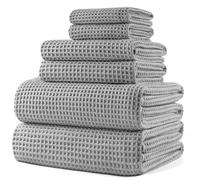 POLYTE 430 gsm Microfibre Quick Dry Lint Free Oversize Bath Towel Set, 6 Piece (Beige, Waffle Weave)