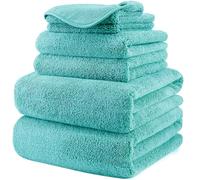 POLYTE Plush Quick Dry Lint Free Microfibre Bath Towel Set, 6 Pieces (Aqua)