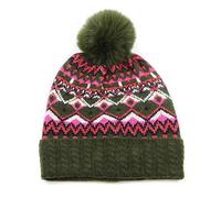 Pom Peace of Mind Deep Khaki and Pink Mix Fairisle Hat with Faux Fur Pompom