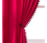 Pom-Pom Red Velvet Curtains for Livng Room 63" Luxury Heavy Cotton Feel Soft Room Darkening Window Treatment Set for Bedroom, 2pk Rod Pocket