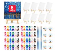 Pomaylor 8 Pack 8*10In Art Canvas Set for Painting with 8 Easels, 16 Brushes, 8 Paint Trays, 16 Acrylic Paint, Cotton & Pine Wood, Acrylic Painting Kit