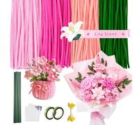 POMBUDS Lily Scented Pipe Cleaner Flower Craft Kit (Pink Theme) - 400 Chenille Stems, 20 Green Floral Stems, 2 Rolls Floral Tape, Yellow Stamens & Instruction Guide for DIY Bouquets and Decorations