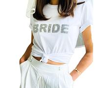 Pomchick - Bride T-Shirt with Sparkly Rhinestone Letters | Bridal Shower Engagement Gift for Her Women Woman | Bride to Be Shirt | Mrs Wedding Tee | Hen Party Bachelorette Parties (M, White)
