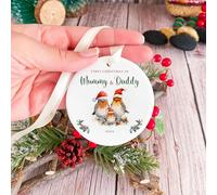 Pomchick | First Christmas as Mummy & Daddy with baby ornament with year text and cute birds for family her him married 1st Xmas gift ceramic ornament