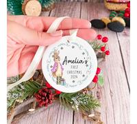 Pomchick | First Christmas Keepsake Ceramic Ornament with Cute Rabbit Design Options for Baby Boy or Girl Granddaughter Grandson Niece Nephew