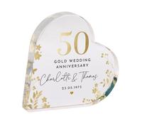 Pomchick - Personalised 50th Wedding Anniversary Gold Anniversary Heart-Shaped Acrylic Plaque Golden Keepsake with Names Date Gift for Couples