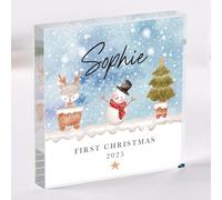 Pomchick | Personalised Baby’s First Christmas Acrylic Block - Cute Snowman and Reindeer Winter Keepsake Gift for Newborn Girl or Boy