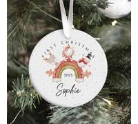 Pomchick | Personalised Baby’s First Christmas Ornament for Girl Boy Rainbow Unicorn Keepsake with Name 1st Xmas Bauble Cute Reindeer Snowman Design