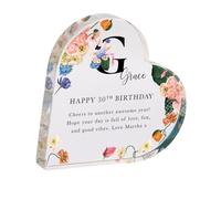 Pomchick - Personalised Birthday Gift for Her Floral Acrylic Heart Keepsake Name Initial Custom Message Milestone Birthdays 21st 30th 40th 50th 60th 70
