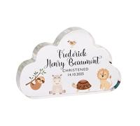 Pomchick - Personalised Christening Gift Cloud-Shaped Acrylic Plaque with Safari Animals Custom Keepsake with Name Date Baby Boy Girl Baptism Present
