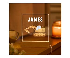Pomchick Personalised Digger Night Light Name LED Lamp Construction Theme Nursery Decor Kids Bedroom 1st Birthday Gift for Nephew Niece Son Grandson