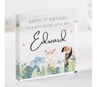 Pomchick | Personalised First Birthday for Special Boy Acrylic Plaque Jungle Animal Design 1st Keepsake for Nephew Son Grandson Name Nursery Decoration