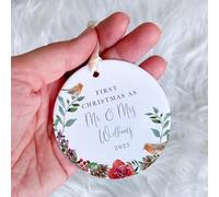 Pomchick | Personalised First Christmas as Mr & Mrs Ornament Gift for Wife Husband Couples Newlywed Keepsake Robin Couple Bauble with Floral Design
