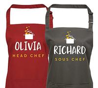 Pomchick - Personalised Matching Aprons Head Sous Chef Apron Set of 2 Gift For Her Him Men Man Women Woman Birthday Present