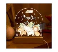 Pomchick Personalised Night Light Name LED Lamp Baby Room Decor Animal Safari Gift for Kids Nursery Bedroom Nightlight Woodland Christening Birthday