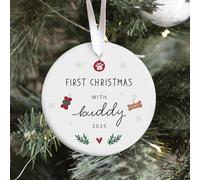 Pomchick | Personalised Pet First Christmas Ornament Dog or Cat Owner Gift Custom Name Bauble Keepsake with Paw Print & Festive Details