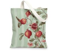 Pomegranate Print Canvas Tote Bag, Vintage Reusable Grocery Bags, Eco-Friendly Lightweight Shoulder Strap Bags, Green, 13x15 Inch