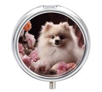Pomeranian and Flowers Pill Box Travel Pill Case for Purse Pocket Weekly Medicine Organizer with Mirror 3 Compartment Round Medicine Case Portable PillcaseHolder for Daily