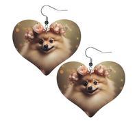 Pomeranian and flowers Prints Leather Heart earrings Pendant Stylish and beautiful Lightweight Dangle for Women Girls