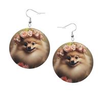 Pomeranian and flowers Prints Leather round earrings Pendant Stylish and beautiful Lightweight Dangle for Women Girls