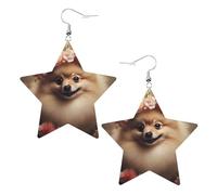Pomeranian and flowers Prints Leather star earrings Pendant Stylish and beautiful Lightweight Dangle for Women Girls