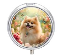 Pomeranian Dog Butterfly Pill Organizer Round Pill Box Travel Pill Case Medicine Organizer for Pocket Purse