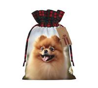 Pomeranian Dog Christmas Drawstring Linen Gift Bag Paired With Scottish Plaid Fabric, With A Delicate And Simple Texture